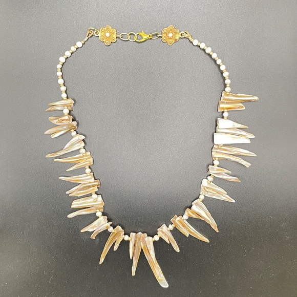 Statement Necklace Natural Shell Freshwater Pearl Czech Glass - Picture 2 of 16